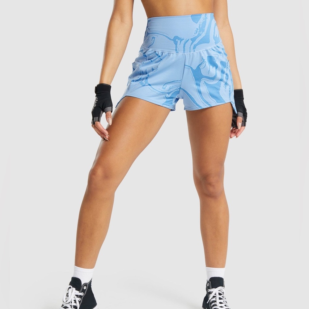 GYMSHARK GS POWER BLUE PRINT JACQUARD SHORTS WOMENS XS LOOSE FIT HIGH RISE